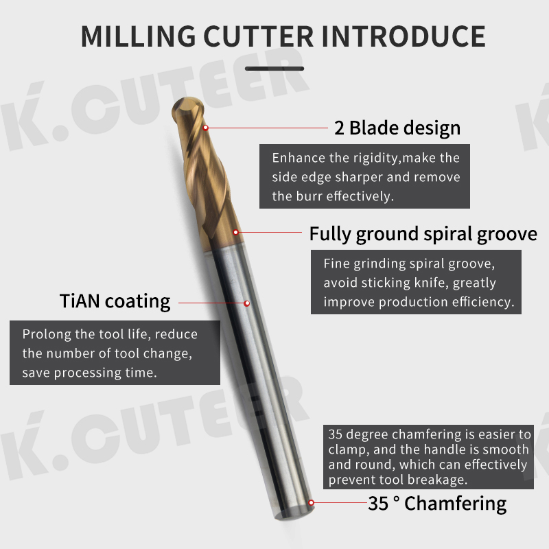 2 Edge Tungsten Steel Ball End Milling Cutter HRC62 Degree Tungsten Steel 
