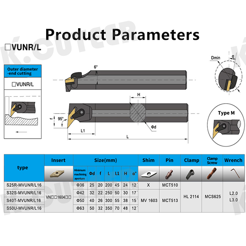 Turning Tool Holder VNMG16 Carbide Inserts Lathe Bar CNC Cutting Tools 