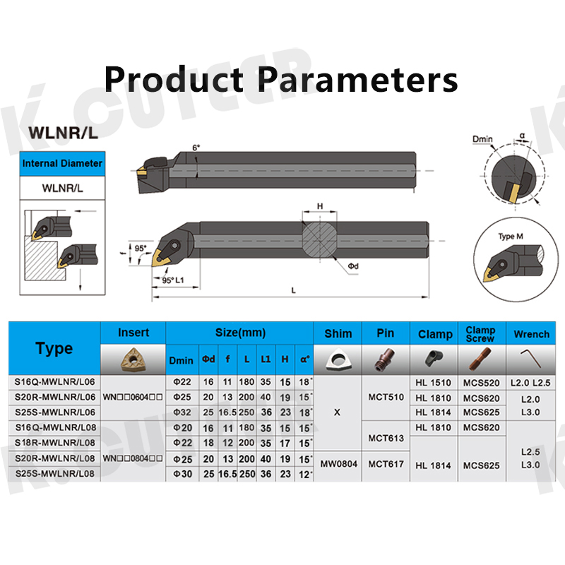 Full series S16Q-MWLNR06 S20R-MWLNR06 S25S-MWLNR06 Internal Turning Tool Holder WNMG Carbide Inserts
