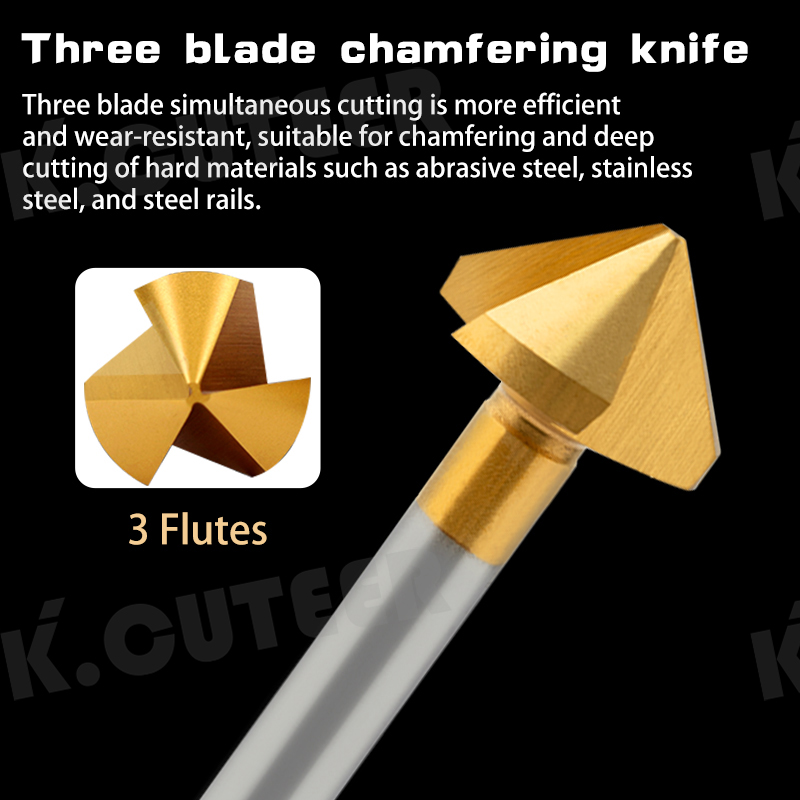 90-Degree Chamfering Cutter with Cobalt-Tipped Titanium Coating, Single-Edged Straight Shank, Triple-Flute Design