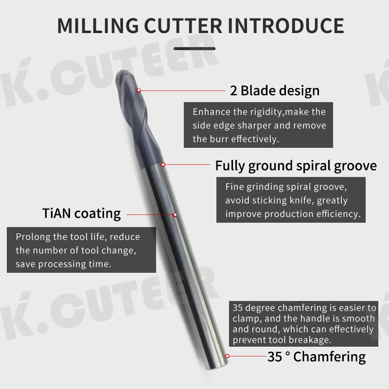 2 Edge Tungsten Steel Ball End Milling Cutter HRC50 Degree CNC Tool