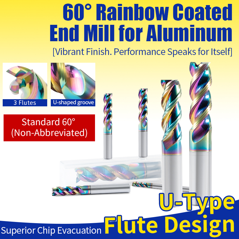 60-Degree Aluminum Milling Cutter Tungsten Steel Rainbow Carbide Three-Flute End Mill