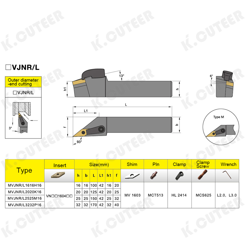 CNC External Turning Tool Holder 93° Mvjnr2020K16 Spring Steel
